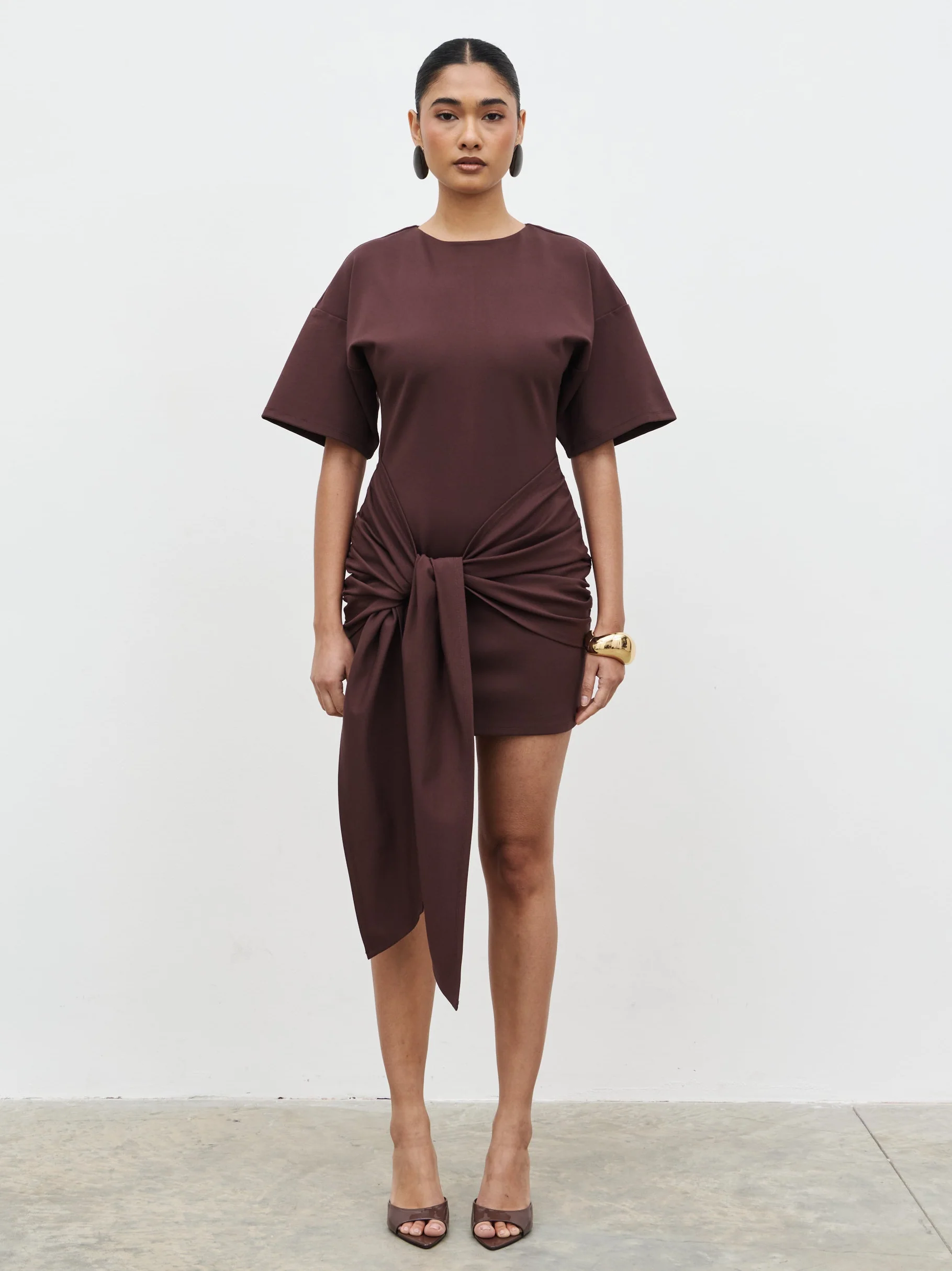 Olivia Jersey Knot Mini Dress - Brown
