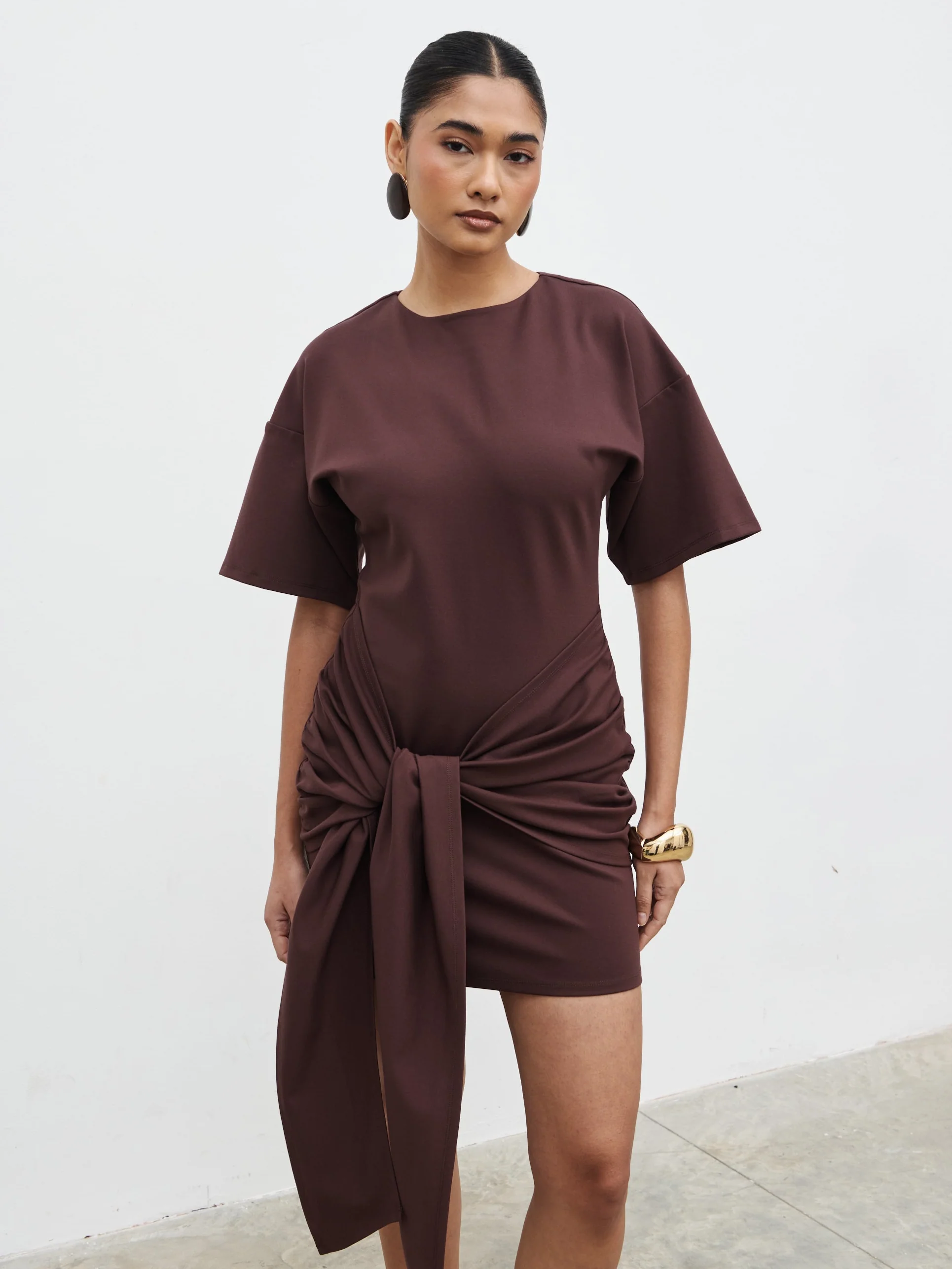 Olivia Jersey Knot Mini Dress - Brown - Image 2