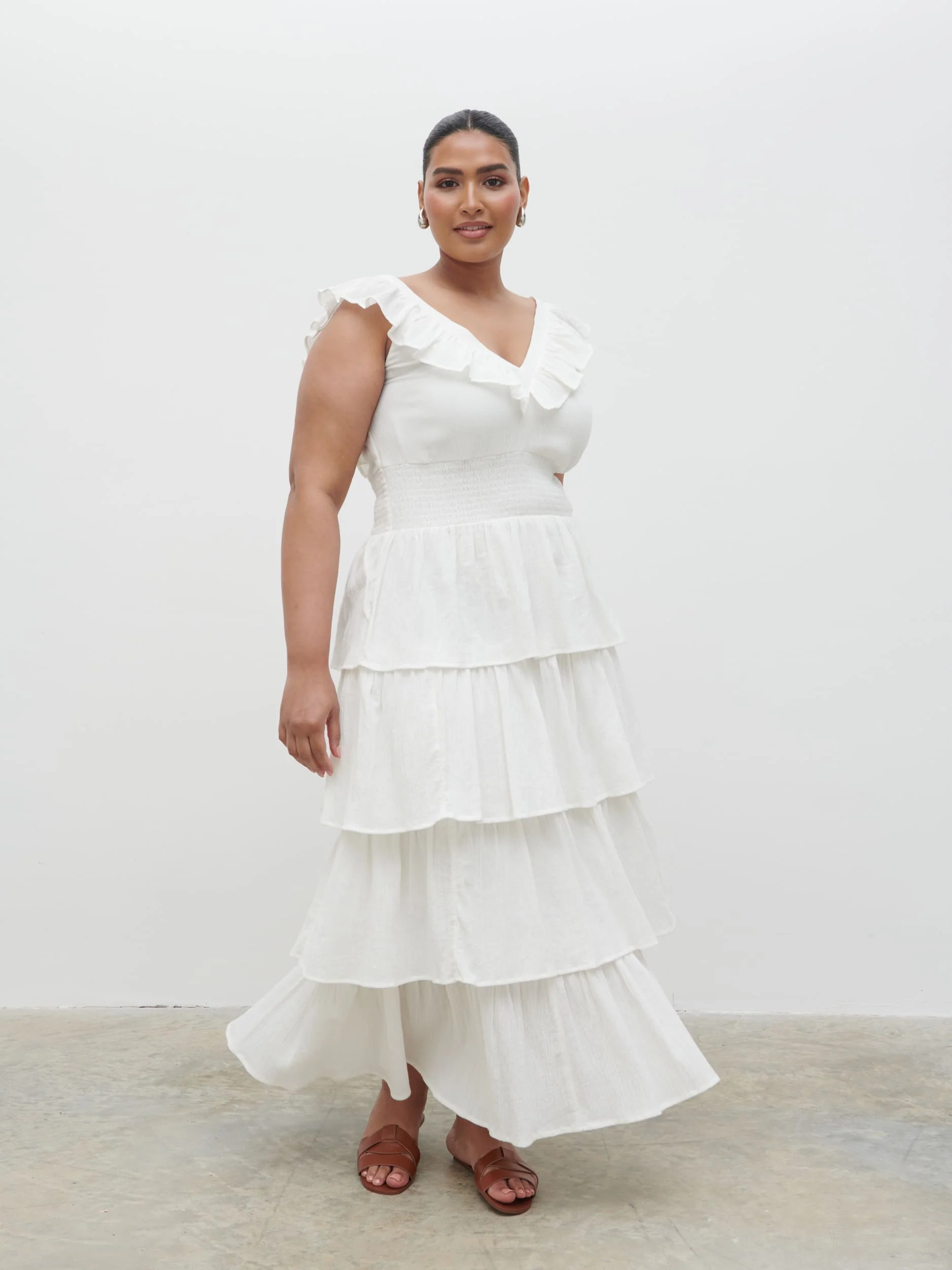Opal Ruffle Midaxi Dress Curve - Cream