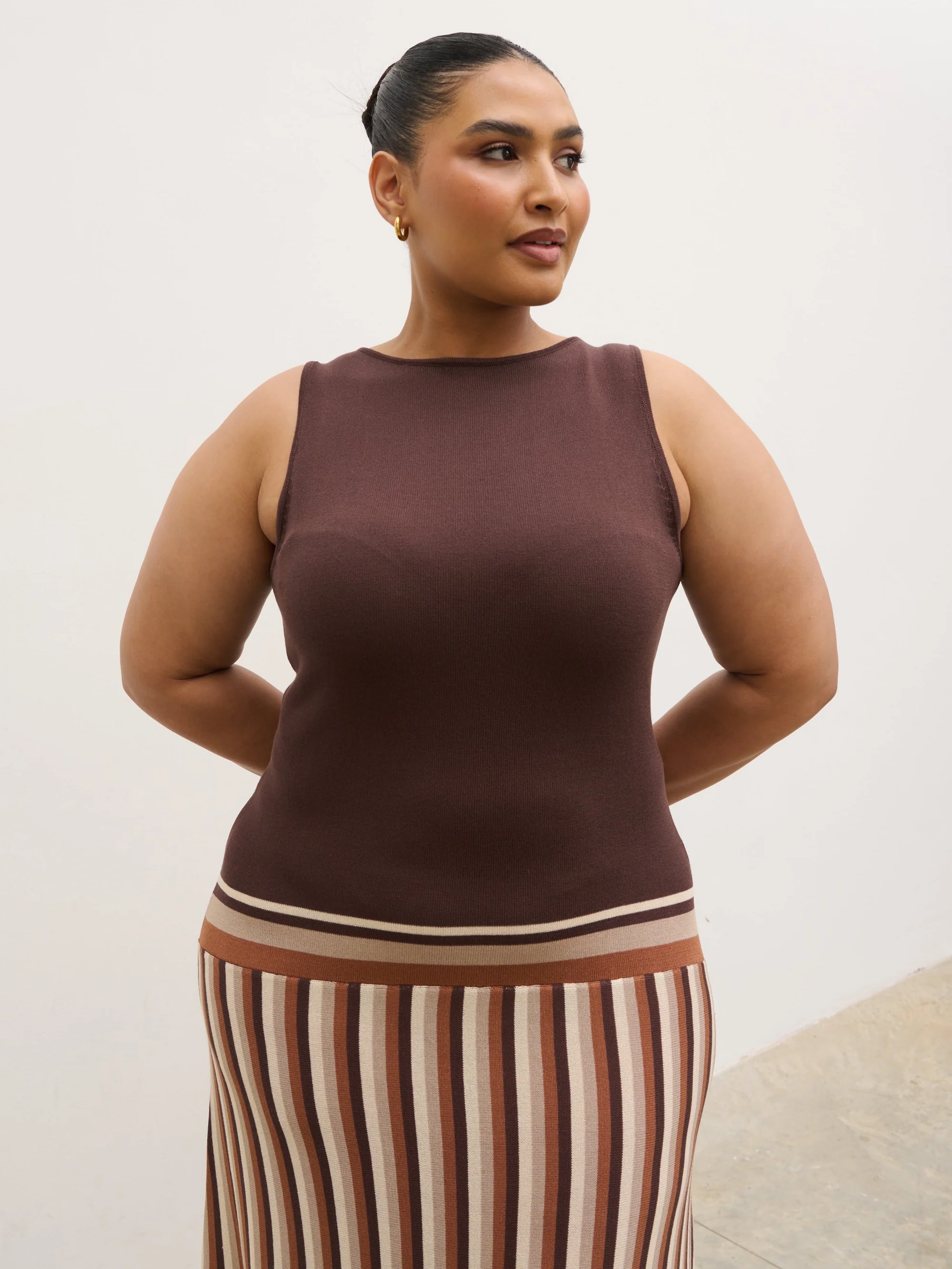 Phoebe Slash Neck Stripe Knit Maxi Dress Curve - Brown - Image 2