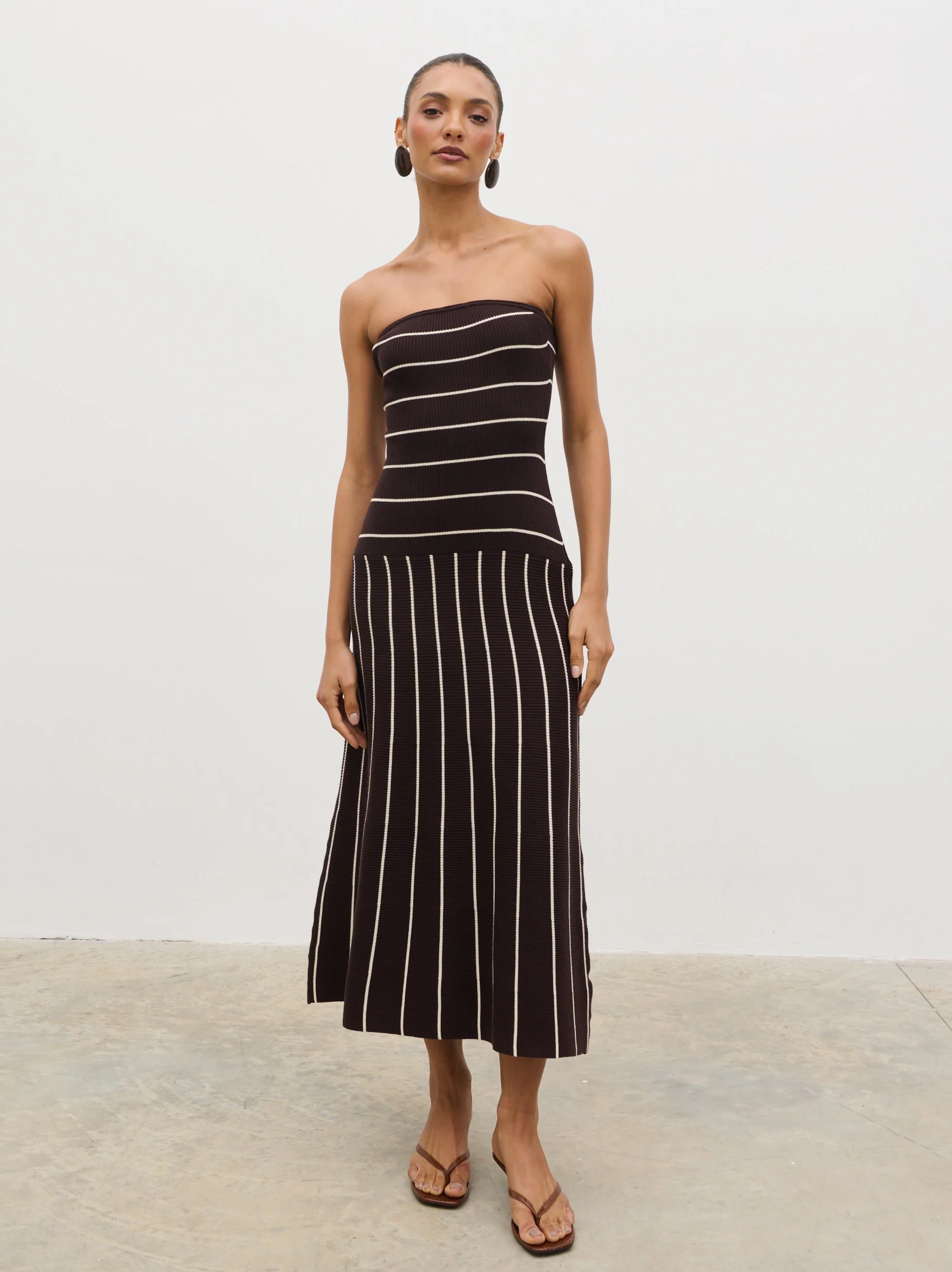 Pixie Bandeau Stripe Knit Long Midaxi Dress - Brown