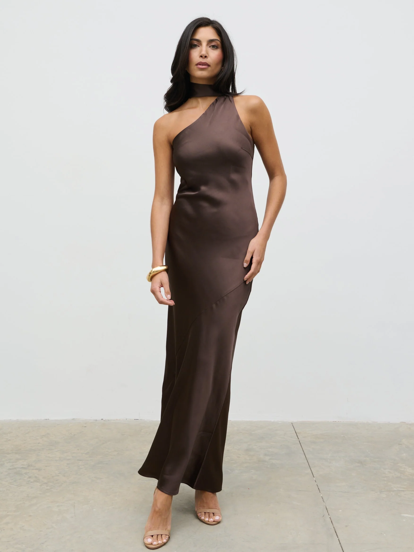 Sheree One Shoulder Sash Maxi Dress - Chocolate Brown