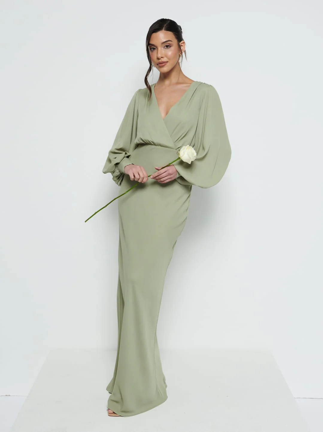 Sienna Long Sleeve Chiffon Bridesmaid Dress - Olive