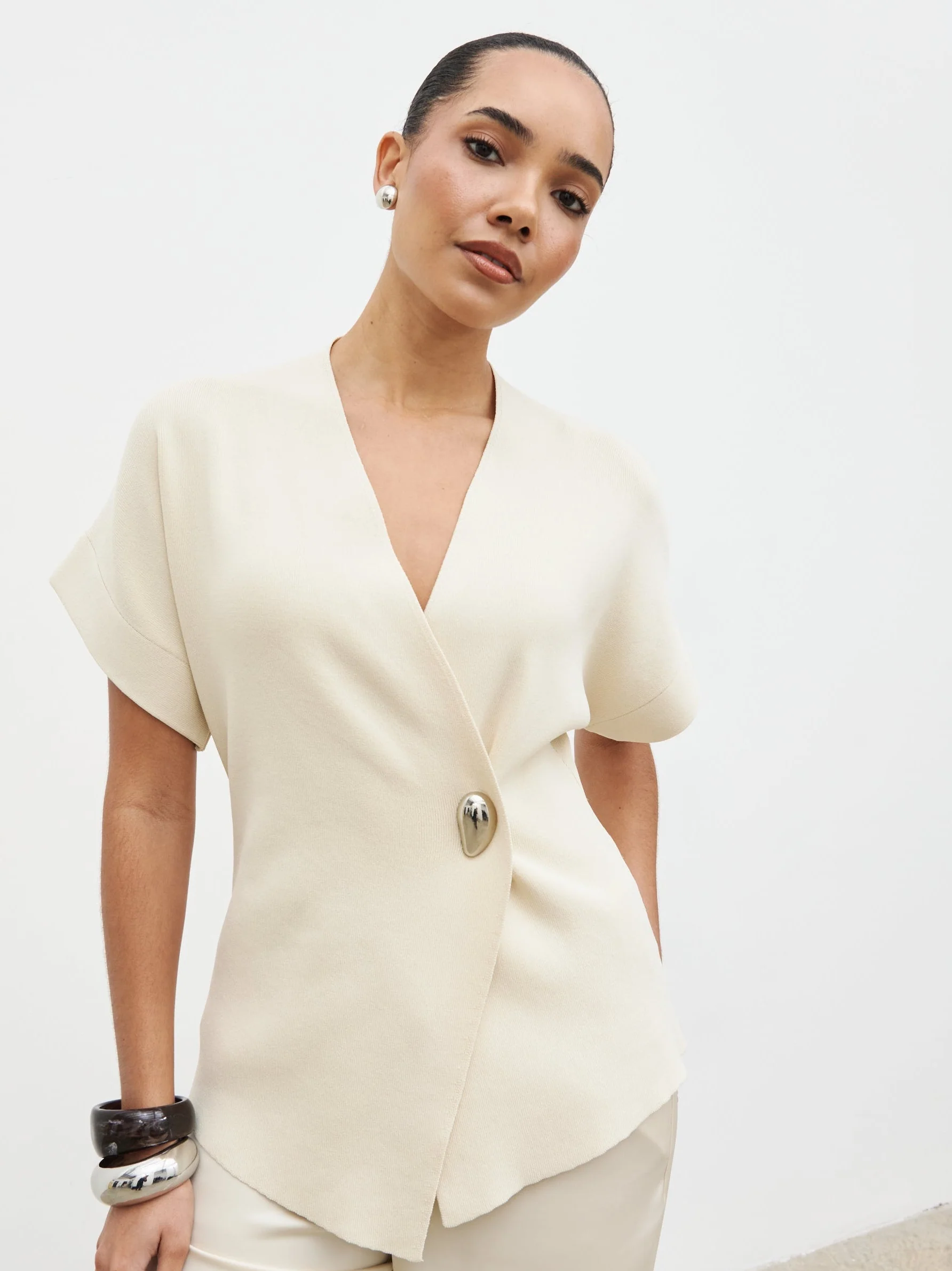 Solana Open Sleeve Trim Detail Knit Jacket - Cream - Image 2