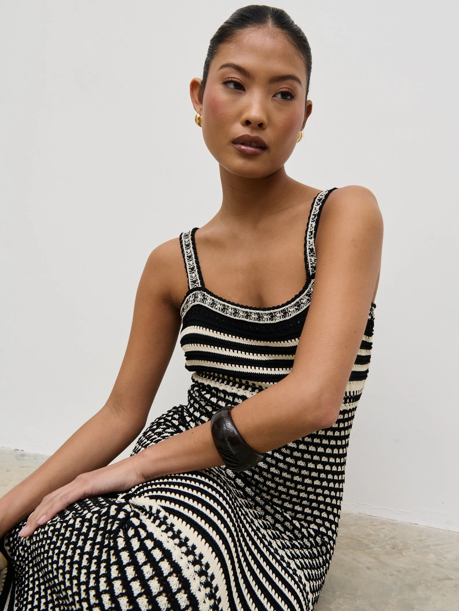Tammy Crochet Knit Maxi Dress - Black and Cream - Image 2