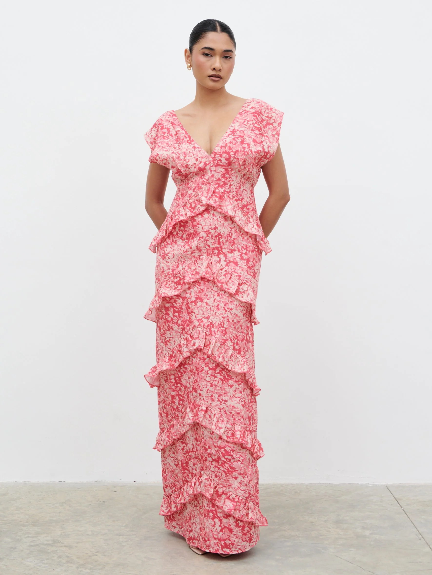 Tamsin Ruffle Maxi Dress - Pink Multi Abstract Print