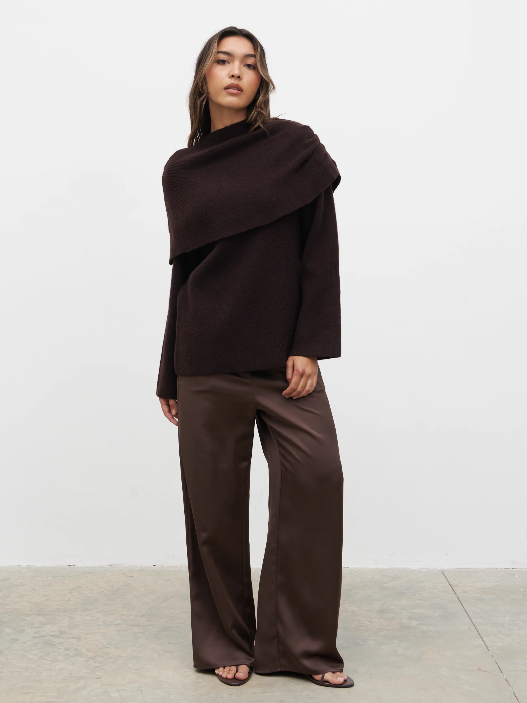 Tarla Exaggerated Drape Knit Jumper - Chocolate