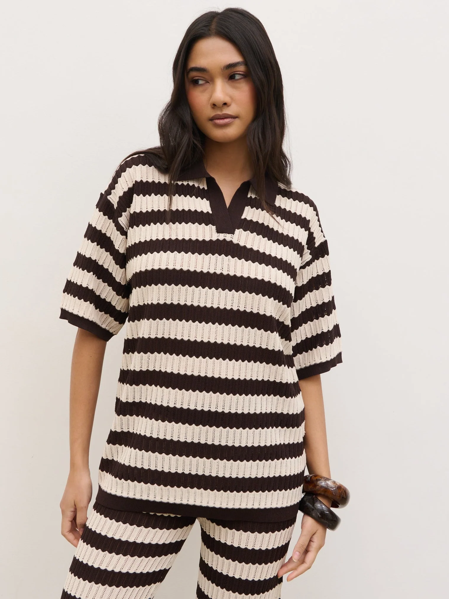 Venezia Stripe Knit Polo Top - Brown and Cream