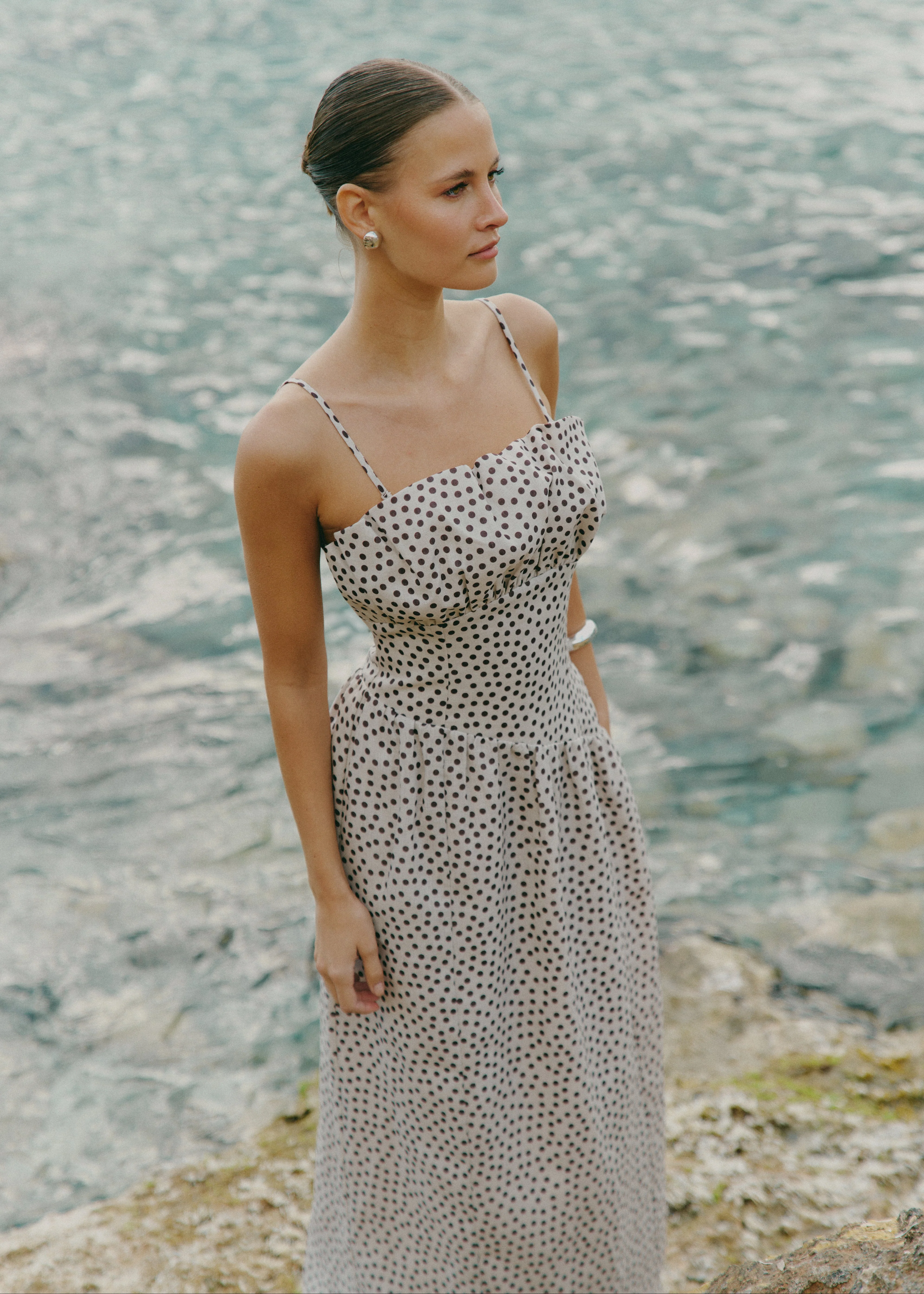 Zaria Corset Detail Maxi Dress - Cream and Brown Polkadot