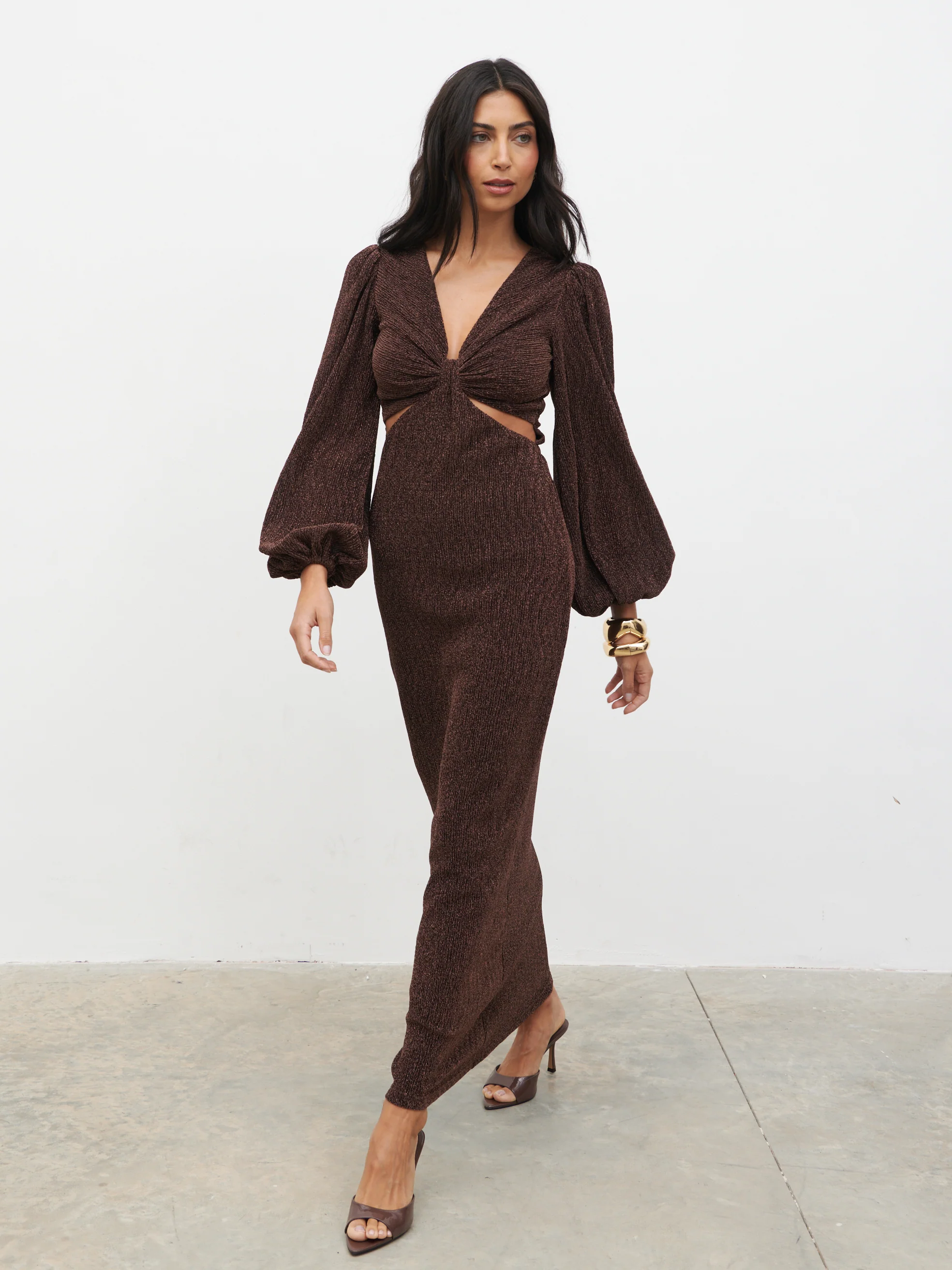 Zaya Lurex Metallic Maxi Dress - Brown